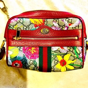Gucci Ophidia Red Flora Small Leather Canvas Flower Handbag Bag Italy New